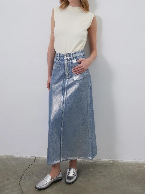 Bright Printed Denim Pencil Skirt Silver velvet skirt luxurious