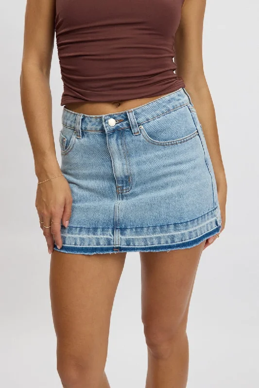 Denim Mini Skirt Mid Rise Let down Hem lace skirt romantic