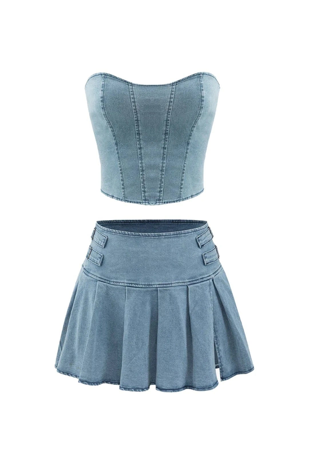 Denim Tube and Pleated Skirt Set leather skirt sleek