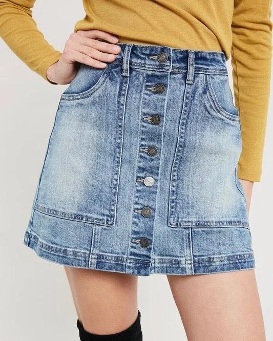 Denim Washed Front Button Down Mini Skirt a-line skirt cut