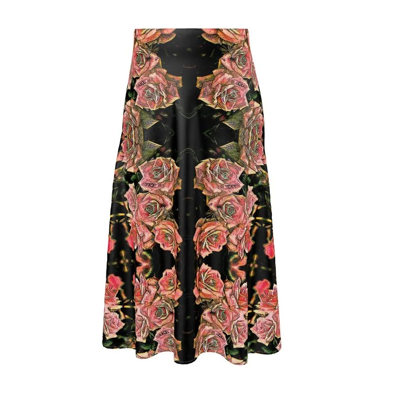 Floral Embosses: Roses 06-01 Designer A-line Pleated Midi Skirt leather skirt durable