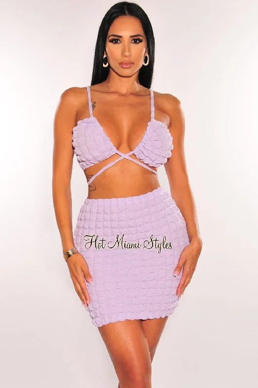 Lilac Bubble Textured Spaghetti Strap Tie Up Skirt Two Piece Set wrap skirt elegant