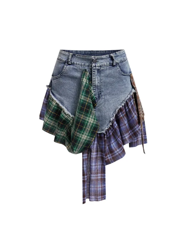 Patchwork Plaid Denim Skirt velvet skirt luxury