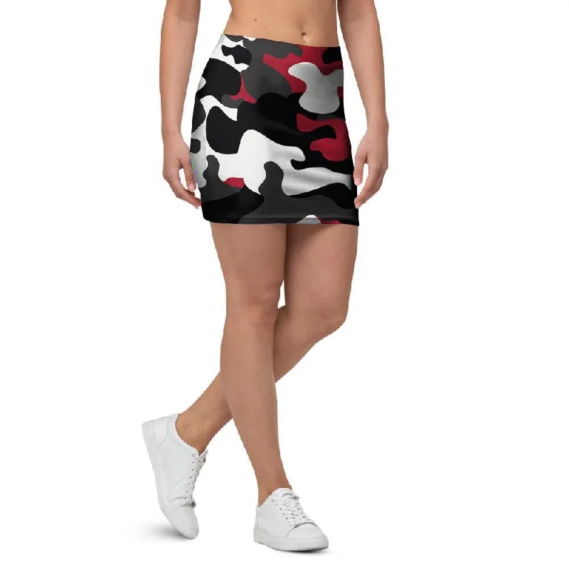 Red And Black Camouflage Print Mini Skirt wool skirt breathable