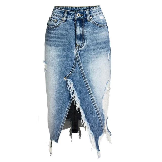 Ripped Denim Women Asymmetrical Pencil Jean Skirt High Split Skirt leather skirt bold