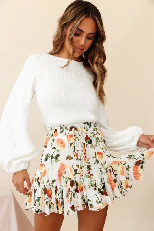 Robyn Flounce Mini Skirt Rose Print White/Orange leather skirt modern