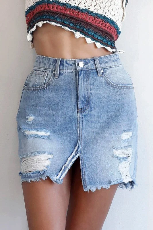 Split Middle Ripped Raw Hem Denim Skirt satin skirt smooth