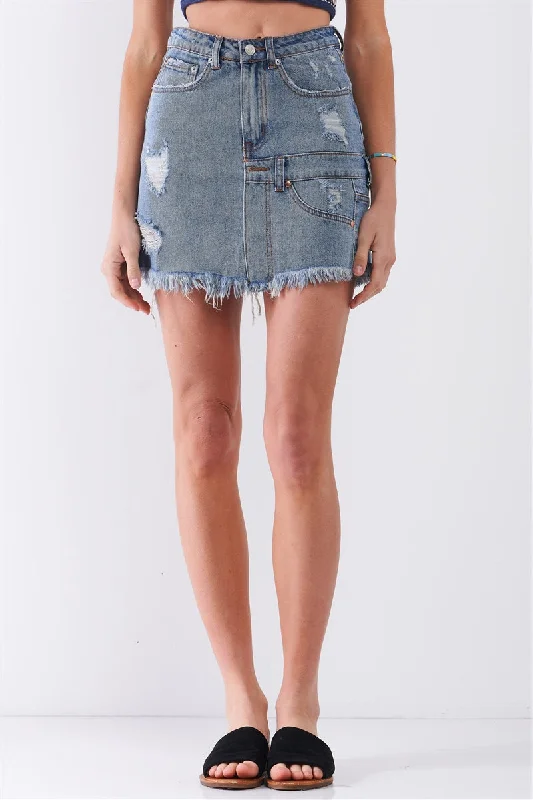 Medium Blue Denim High-waist Distressed Effect Asymmetrical Trim Raw Hem Detail Mini Skirt athletic skirt fit