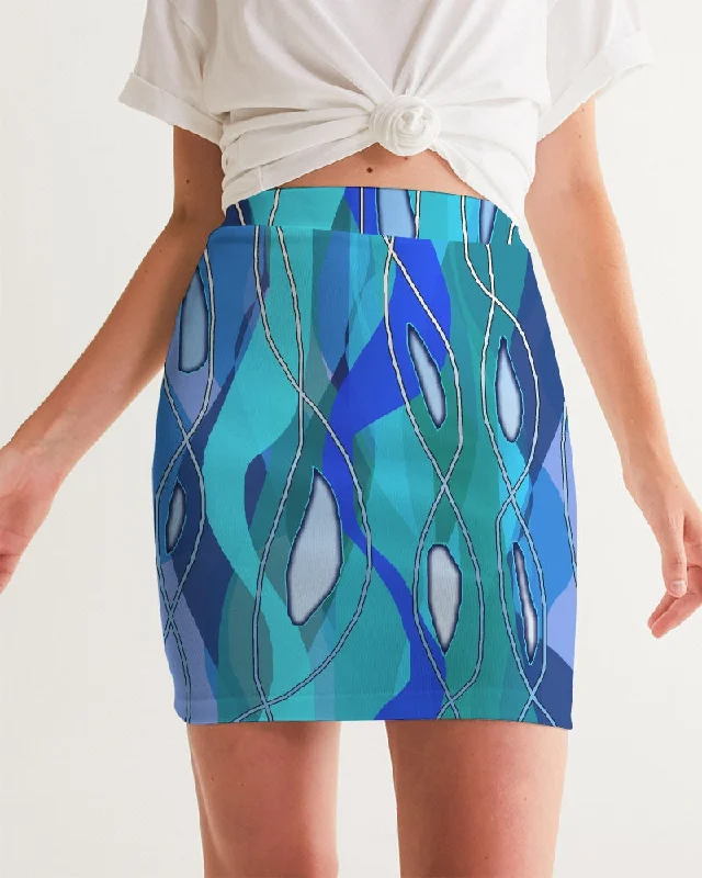 Wavy Blue Women's Mini Skirt button skirt front