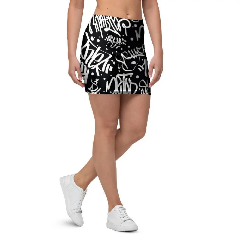 White And Black Graffiti Doodle Text Print Mini Skirt chiffon skirt airy