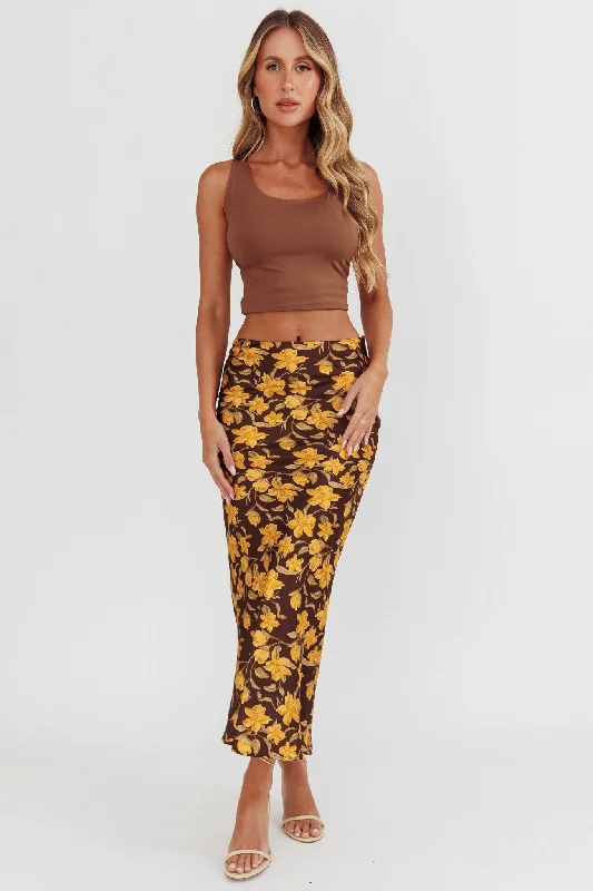 Wild Wanderings Midi Skirt Floral Brown velvet skirt plush