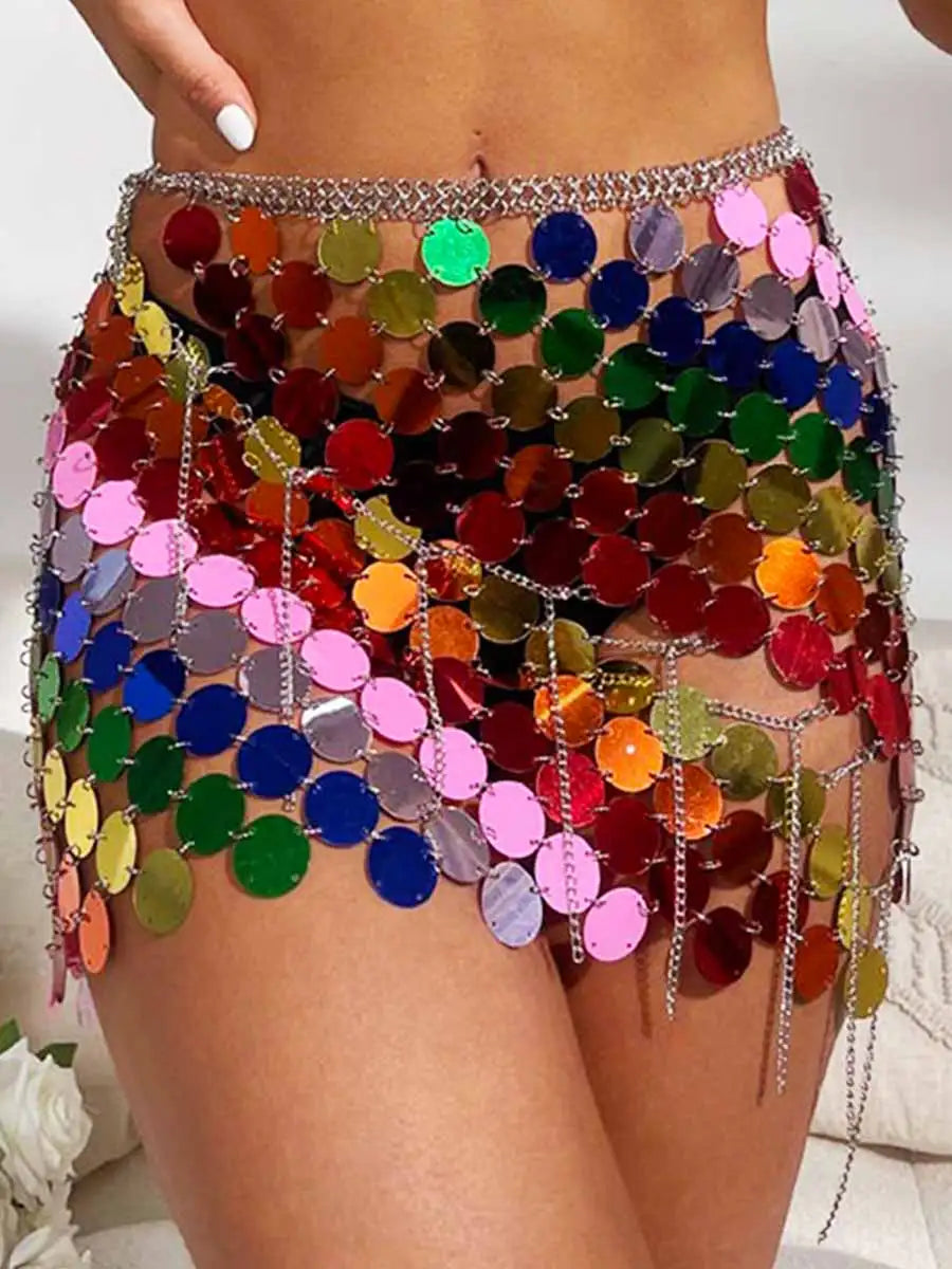 Women Sparkly Sequin Mini Skirt Rainbow Disco Skirts silk skirt smooth